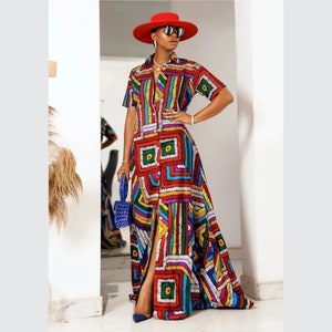 African print CHIOMA dress, ankara dress, African shirt dress, ankara maxi dress, ankara dress with pockets, short sleeve dress, women shop