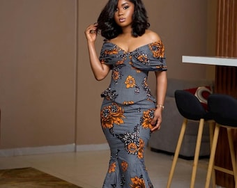 Ankara African Print Top and 6-Piece Skirt, Off-Shoulder Dress