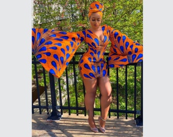 African Print Plunge Neck Dress, Ankara Bell Sleeve Mini Dress