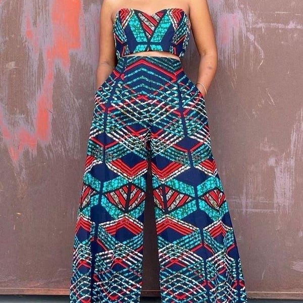 African Print Crop Top and Wide Leg Pant Set