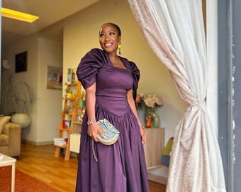 African Silk Maxi Dress, Women's Below-the-Knee Dress, 3/4 Sleeves
