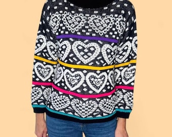 Suéter de cuello alto de ganchillo con diseño de corazón colorido, estilo vintage de los 90, de la colección Jet Set, ideal para el Día de San Valentín.