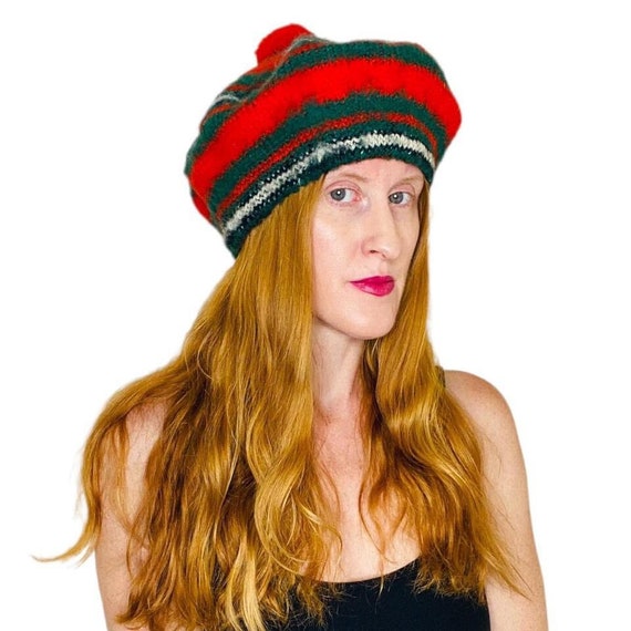 Vintage MacGregor Red & Green Wool Beret Pom Pom … - image 1