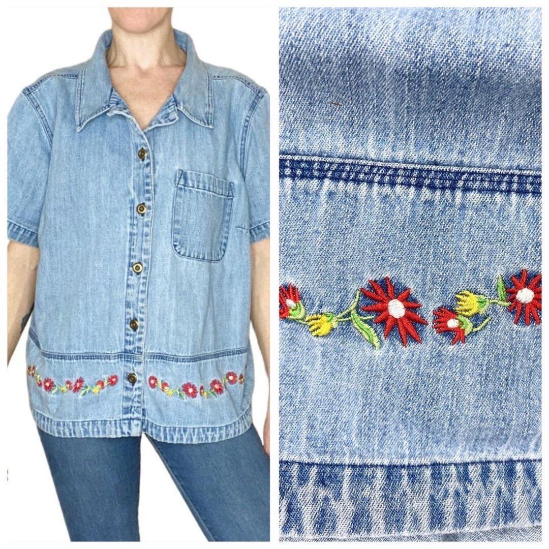 Denim Button-Up Shirt with Embroidered Floral Back