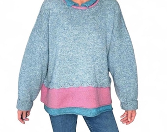 Suéter de invierno de capas Coquette con cuello de lana azul y rosa estilo vintage