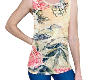 Top sin mangas transparente con estampado floral y de pájaros de Vintage Y2K Modes Crystal Fashions