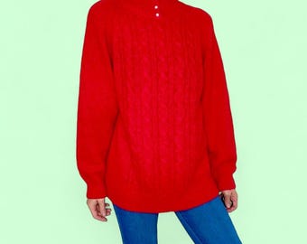 Suéter de cuello alto texturizado con perlas rojas y cuentas, estilo vintage de Miranda