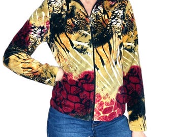 Cárdigan de forro polar con cremallera y estampado abstracto colorido de animales de la marca Kaktus, estilo vintage Y2K.