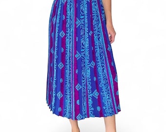 Falda midi plisada con estampado abstracto de rayas azules y moradas de G.W., estilo vintage de los años 80.