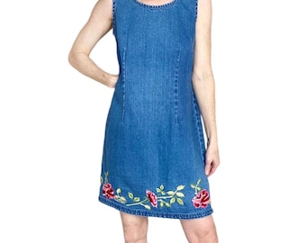 Blue Denim Dress With Floral Embroidery, Embroidered Vintage Denim Mini Dress - Etsy Blue Denim Dress With Floral Embroidery, Embroidered Vintage Denim Mini Dress - Etsy