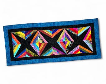 Camino de mesa vintage hecho a mano con patchwork colorido y acolchado de rombos