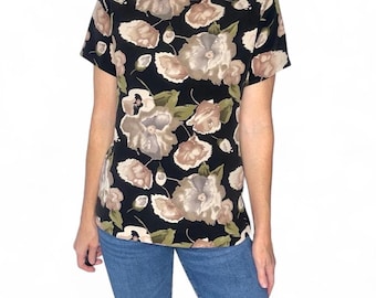 Camisa vintage de los 90 de First Option en negro y beige con estampado floral.