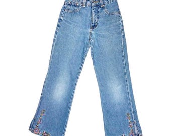 Vintage Y2K Xhilaration Girls SZ (8) Light Wash Floral Embroidered Flare Jeans