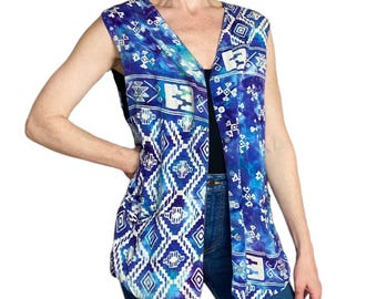 Chaleco unisex vintage azul con estampado tribal geométrico para festivales