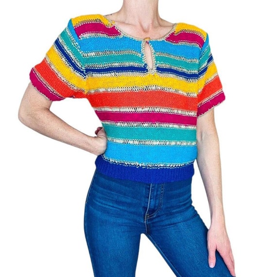 Vintage IQ Knitwear Colorful Rainbow Stripe Croche