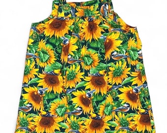 Vestido de verano vintage hecho a mano para bebé niña, talla 2/3T, con estampado de girasoles y pájaros.