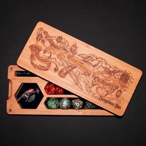 Dungeons Box™ D&D Dice Box – USA Made | Handmade Hero Dice Vault | Bamboo Hardwood Dice Tray | RPG Miniature Storage | Phone + Tablet Stand