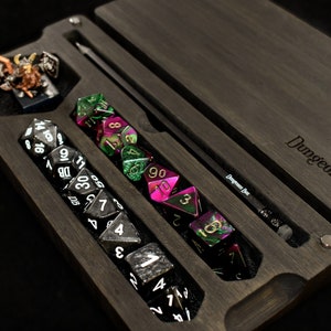Dungeons Box™ D&D Dice Box • Hero Vault™ • USA Handmade • TTRPG Dice Vault • Hardwood RPG Dice Tray • Miniature Storage • Phone Tablet Stand