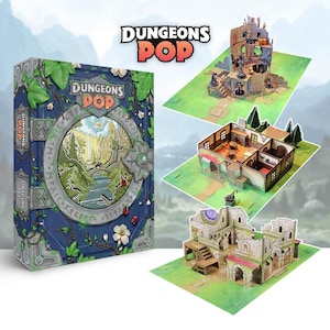 Puede incluir: Un juego de mesa Dungeons & Pop en caja con una cubierta azul y verde que presenta una ilustración de paisaje de fantasía. La imagen también muestra tres estructuras de juego emergentes: un edificio de varios niveles, un interior de casa y una estructura en ruinas.