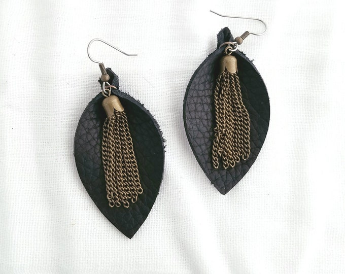 Black Leather Earrings / Metal Tassel Earrings / Leather Earrings / Leaf Earrings / Statement Earrings / Boho Earrings / Aella V Jewelry