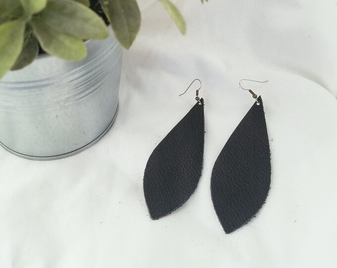 Black / Leather Statement Earrings / FREE SHIPPING/  / Pendant / Large / 3.5"x1.25" / Hypo-Allergenic / Spring