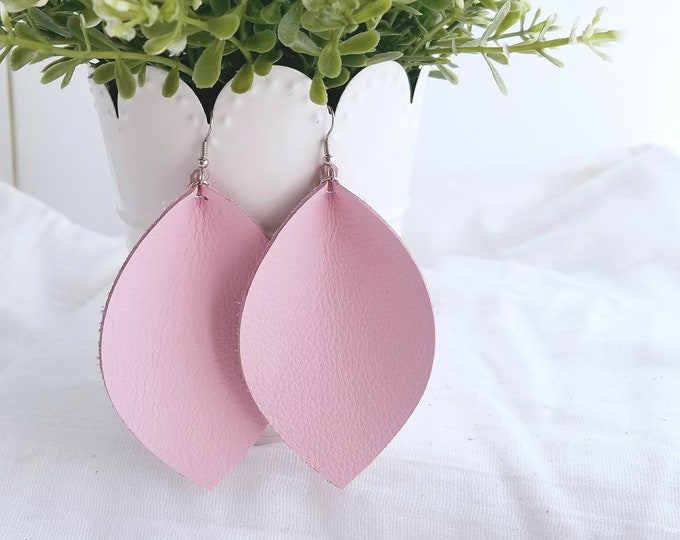 Petal Pink / Leather Earrings / FREE SHIPPING /  /  / Statement / Leaf / X-Large /3.25"x 2.25"/ Hypoallergenic
