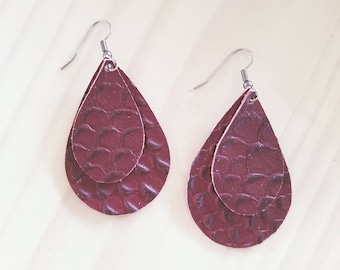 Wine Serpent/ Leather Statement Earrings / FREE SHIPPING / Teardrop / Layered / Medium / 2.25"x1.5" / Hypo-Allergenic / Easter / Mothers Day