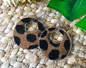 Cheetah Hair / Circle Cutout Leather Earrings / Genuine Leather / Real Leather Jewelry / Geometric / Easter Gift / 2 x 2"/ AellaVJewelry