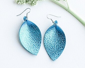 Genuine Leather Earrings / Metallic Aqua / Leather Leaf Earrings / Blue Earrings / Boho Style / Aella V Jewelry / Gift / Medium / 2.5"x1.25"