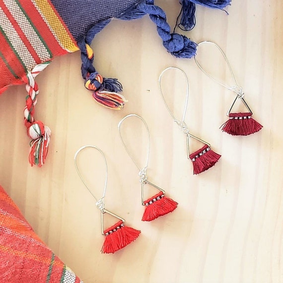 Dainty Jewelry Small Tassel Earrings Tassel Jewelry Dark Royal Blue Small Fringe Earrings Minimalist Jewelry Triangle Fan Tassel Earrings