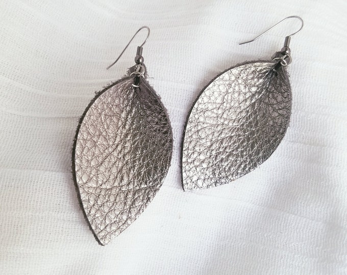 Silver Metallic / Genuine Leather Earrings / FREE SHIPPING / Leaf / 2.5"x1.25"/ Hypoallergenic / Spring