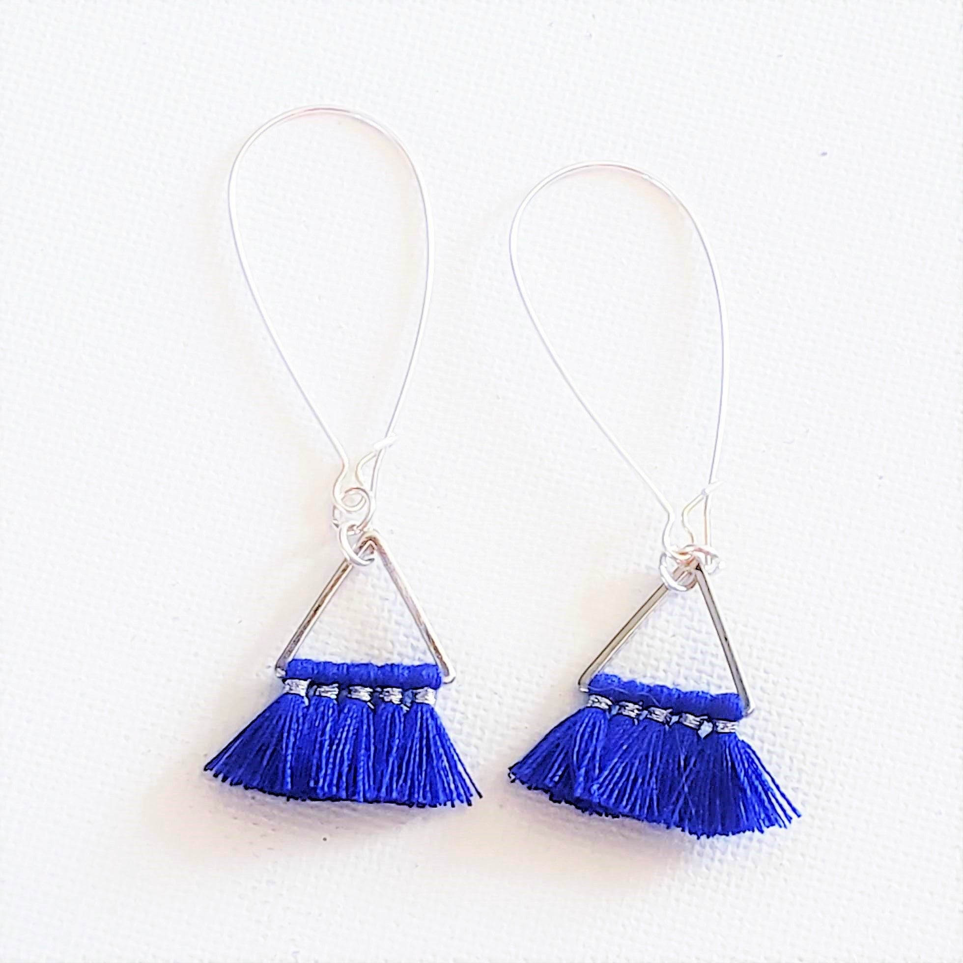 Dainty Jewelry Small Tassel Earrings Tassel Jewelry Dark Royal Blue Small Fringe Earrings Minimalist Jewelry Triangle Fan Tassel Earrings
