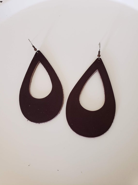 Large Cutout Rustic Taupe Leather Teardrop Earrings Statement Earrings