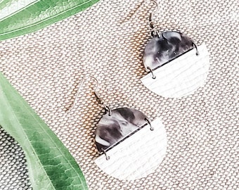 Geometric Leather & Acrylic Resin Statement Earrings, Half Moon Semi Circle Earrings, Lightweight, Modern Earrings, Marbled Charcoal / White