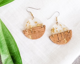 Chic Geometric Cork, Leather & Resin Half Moon Earrings with Gold Fleck Accents | Free Shipping