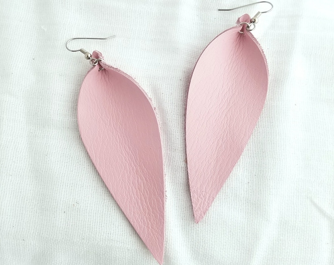 Petal Pink / Leather Earrings / FREE SHIPPING/  /  /  / Statement / Leaf / Long/ 3.5"x1.25"/ Hypoallergenic