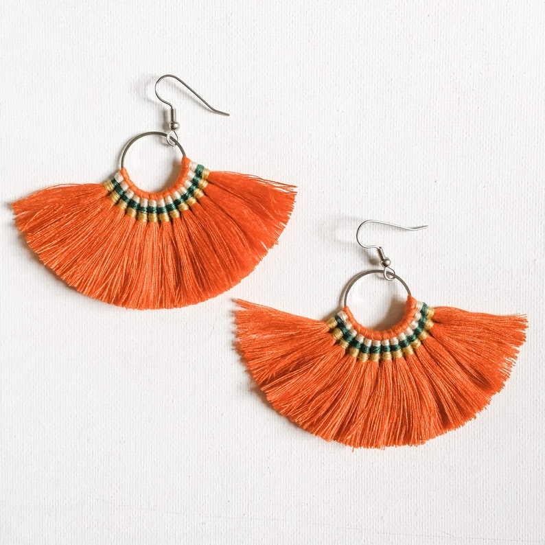 Large Hoop Fan Tassel Earrings Orange Fan Earrings Tassel Etsy