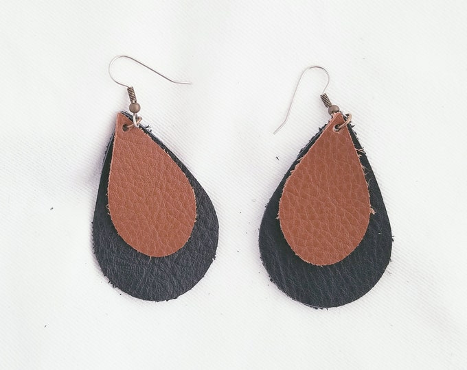 Brown & Black / Leather Earrings / FREE SHIPPING / Teardrop / Layered / Two-tone / Medium/ 2.25"x1.5"/ Hypoallergenic / Easter / Mothers Day