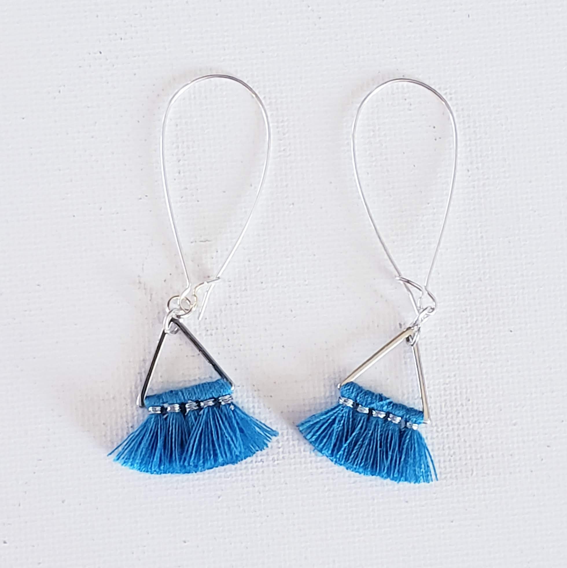 Dainty Jewelry Small Tassel Earrings Tassel Jewelry Dark Royal Blue Small Fringe Earrings Minimalist Jewelry Triangle Fan Tassel Earrings
