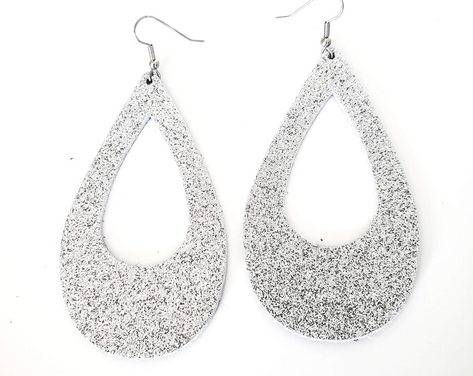 Silver Glitter Leather Teardrop Earrings / Cutout / Statement Earrings / Classic Style  / Lightweight & Comfortable / Bold Fashion / Large