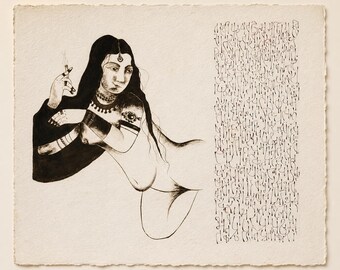 Kama Sutra Original Indian Art Painting, Female Figure & Calligraphy, South Asian Figurative Artwork