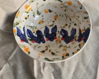 Rabbit Ceramic Bowl — Hand Painted Wheel Thrown Stoneware