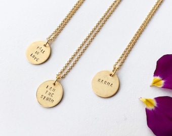 Hand-engraved pendants with customizable phrases. Coin necklace, pendant necklace, layering necklace, minimalist necklace, medallion.
