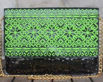 Exclusive! Black clutch with electric green embroidery