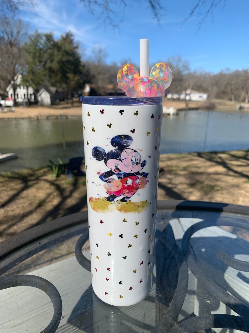 and cute straw topper! Mickey Mouse Watercolor Sparkly Tumbler with classic mouse glitter