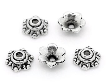 100 Antique Silver Tone Alloy Bead Caps 6x7mm (Fits 14mm Beads) (A229L)