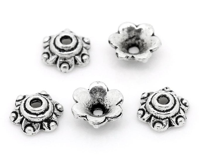 100 Antique Silver Tone Alloy Bead Caps 6x7mm (Fits 14mm Beads) (A228c)