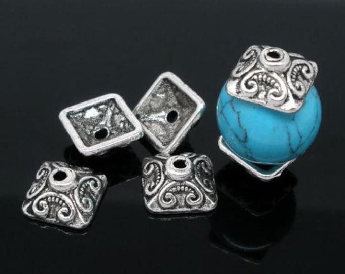 25 Antique Silver Tone Alloy Square Bead Caps 10x10mm (A66L)