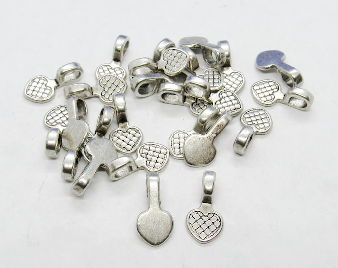 25 Silver Tone Heart Shaped Glue On Bails 16mm x 8mm (A166k)