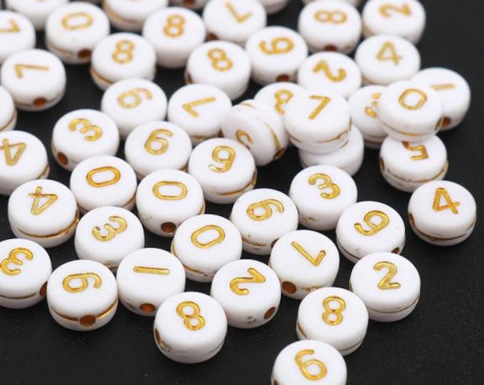 500 White/Gold Acrylic Round Number Beads 7mm (a51e)